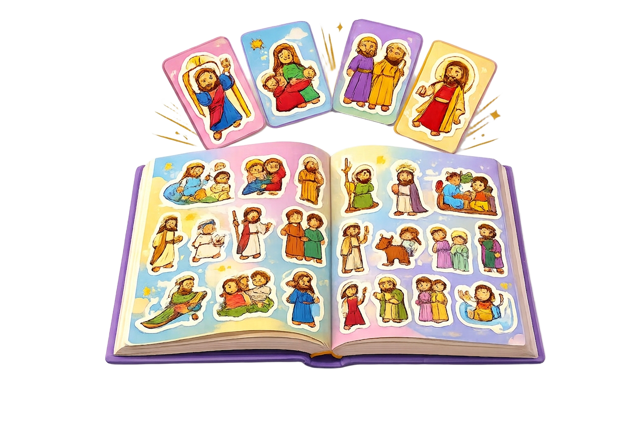 Álbum da Bíblia aberto com figurinhas dos personagens bíblicos