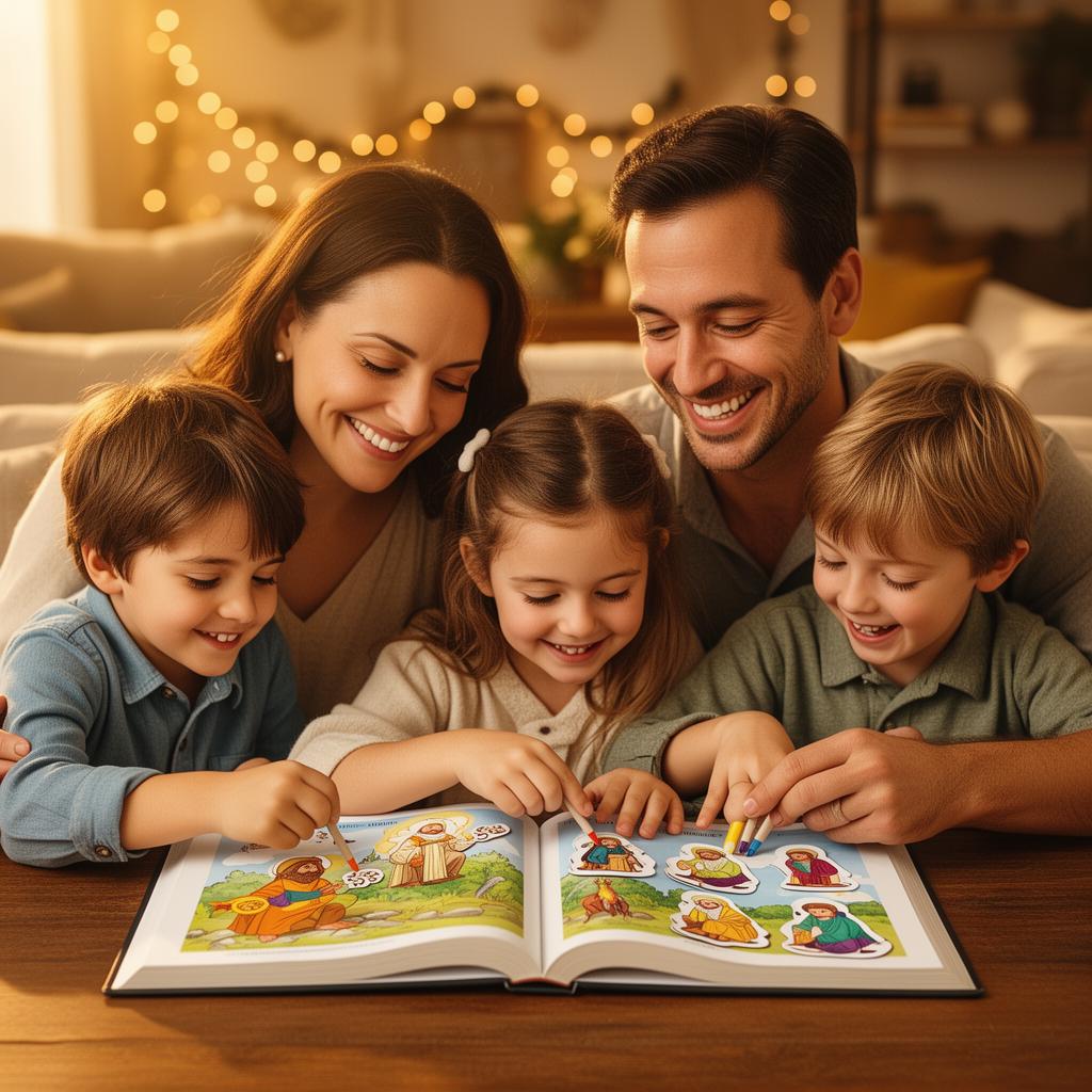 Família reunida montando o álbum
